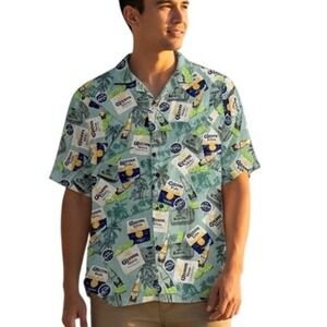 Newport Blue Corona Beer Hawaiian Button Up‎ Shirt Medium M Cotton Rayon Blend